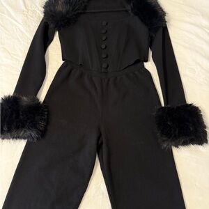 Fashion Nova Black Flare Jumpsuit with Faux Fur Accents
